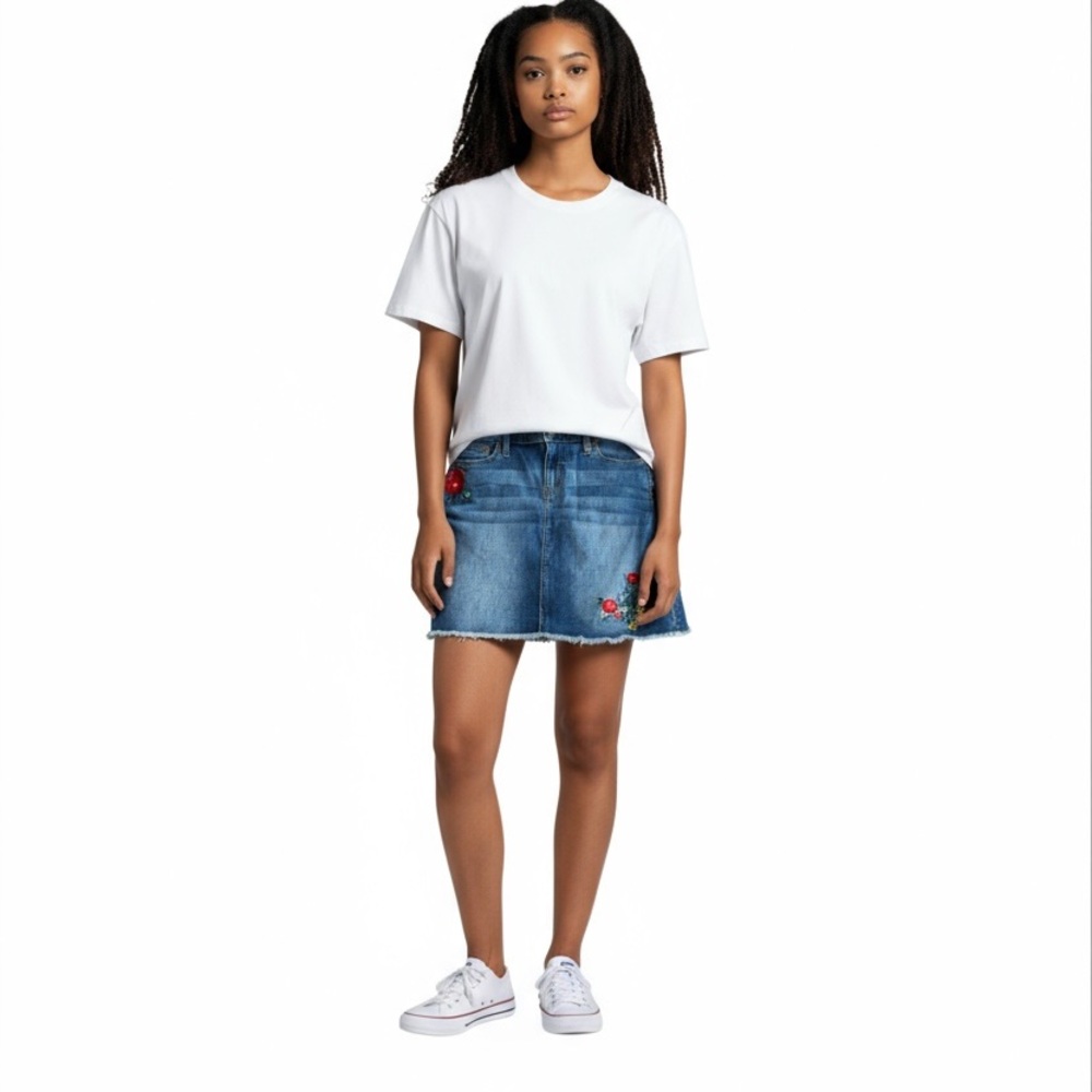 J. Crew Blue Denim Skirt with Red Floral Embroidery